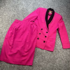 Vintage 90s Saville Skirt Suit Jacket 8 Pink Black 100% Wool Lapel Made in USA